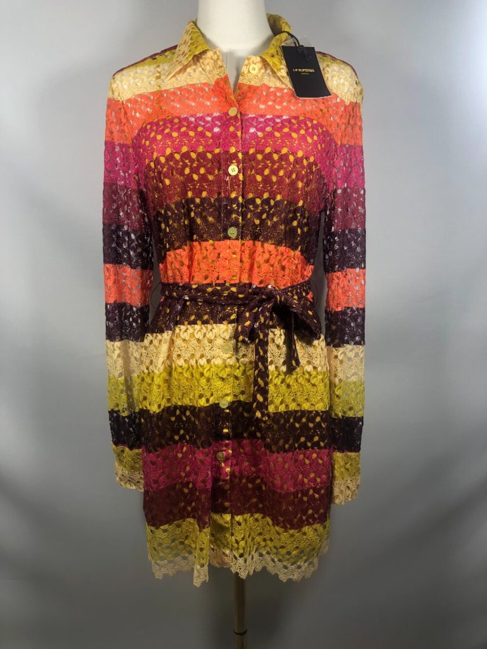NWT Le Superbe Crochet Striped Shirt Mini Dress - Pink, Orange & Yellow Size 2